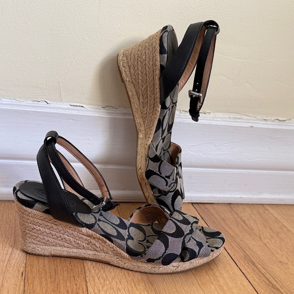 Coach Black and Tan Wedge Sandals with Strappy Design
